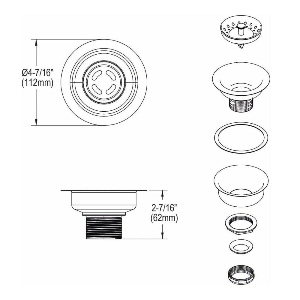 Sink Strainers | 3-1/2″ Drain with Removable Basket Strainer and Rubber Stopper Kitchen Accessories Sink Strainers